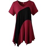 LARACE Plus Size Tops for Women V Neck Summer Shirt Short Sleeve Blouses Patchwork Tunics