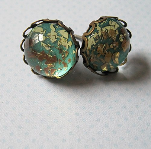 Antiqued Gold-tone Teal Blue Green Glitter Glass Stud Earrings Hand-painted 12mm - Thumbnail 6