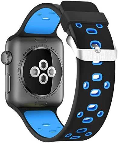 Apple Watch Band Series 1 and Series 2 Accessories Silicone, Evante 42mm Black and Blue with Ventilation Holes, New Style, Classic Buckle