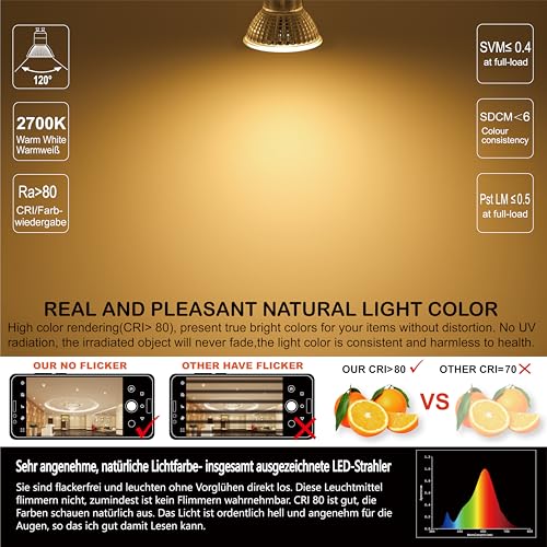 EACLL GU10 LED, Warm White, 4.9 W, Replaces 70 W Halogen Bulbs, Pack of 4, 515 Lumens 2700K Bulbs, AC 230 V, Flicker-Free Spotlight, Beam Angle 120°, Non-Dimmable Reflector Lamps