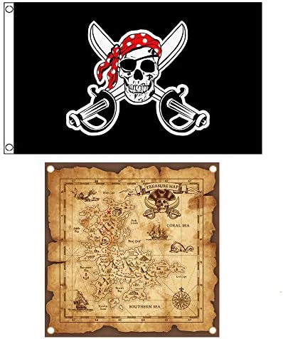 Shmbada Jolly Roger Skull Pirate Flag and Treasure Map Set for Halloween Pirate Party, Double Stitched Polyester 3x5 Foot Bandana Pirate Banner with Brass Grommets for Kids Birthday