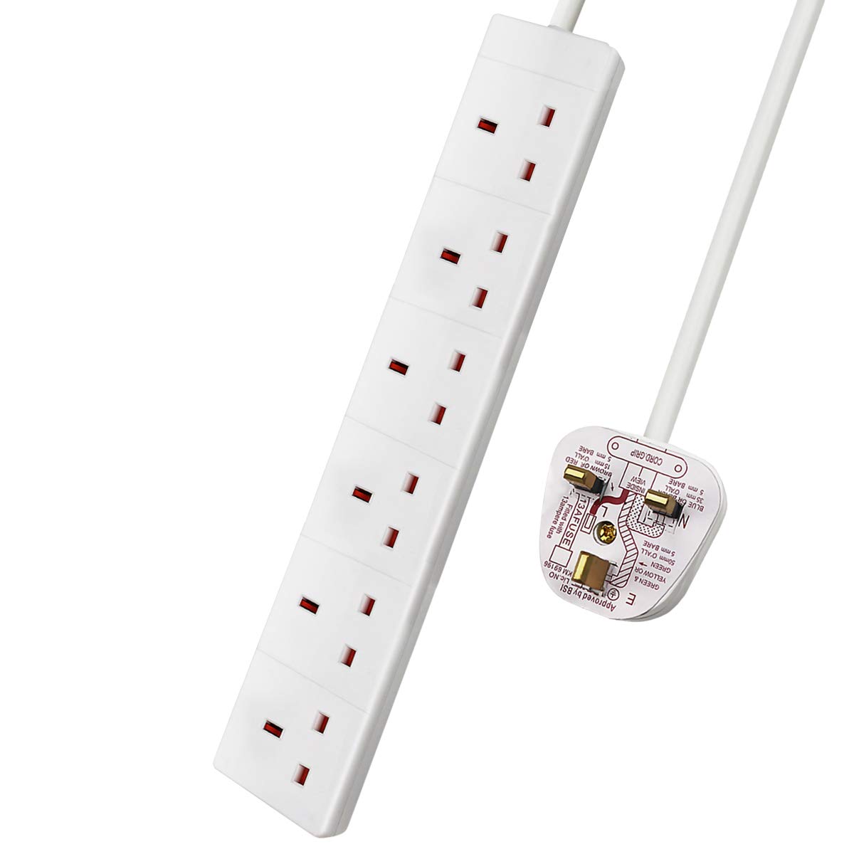 ExtraStar 6 Way Extension Lead, 13A Fused UK Plug Extension Socket, 1M Extension Cable Power Strip - White
