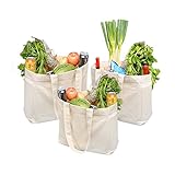 ATBAY 100% Cotton Canvas Washable Grocery Tote Bag with 11.8"L Shoulder Strap and Removable Bottom Base Stiffener Insert - Natural (3 Pack)