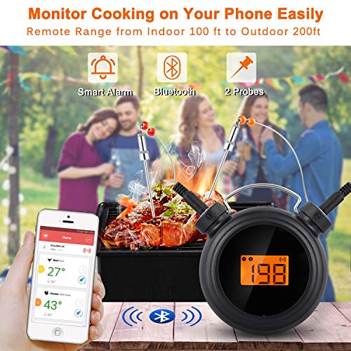 Bluetooth BBQ Meat Thermometer, Wireless Grilling Cooking Food Thermometer with APP for Smoker Kitchen Oven, 2 Stainless Steel Probes, Support iOS & Android