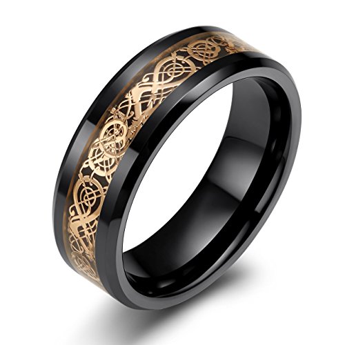 SOMEN TUNGSTEN 8mm Black Ceramic Ring with Rose Gold Celtic Dragon Pattern Inlay Wedding Band for Men Size 6-14