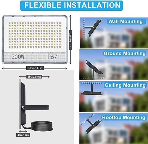ANNIFUNLY 200 W LED Outdoor Floodlight, 20000LM Super Bright Floodlight, 6500 K Cool White, Floodlight IP67 Waterproof for Garage, Garden, Patio, Park