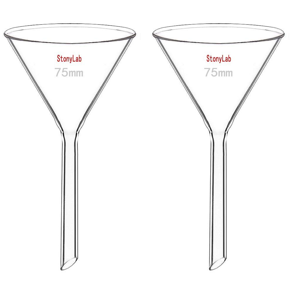 StonyLab 2-Pack Glass Heavy Wall Funnel Borosilicate Glass Funnel, Short Stem 75mm Diameter, 75mm Stem Length