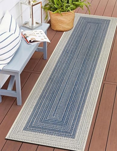 Rugshop Blue Braided Geometric Reversible Weather Resistant Indoor/Outdoor Runn…