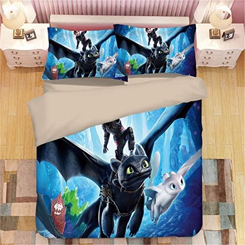 AMTAN 3D How to Train Your Dragon Duvet Cover Set Movie How to Train Your Dragon 3 Bedding Set 100% Microfiber Teen Bed Set 3pcs 1 Duvet Cover 2 Pillowcase King Queen/Full Twin Size