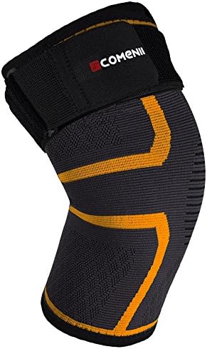 Compression Knee Brace Sleeve – COMENII Athletics Support for Jogging, Running, Hiking and Sports, Joint Pain Relief, Arthritis and Injury Recovery with Adjustable Strap– Single Wrap, Black&amp;Orange