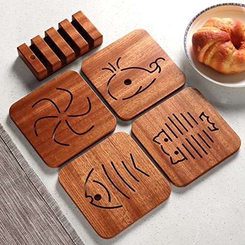 Wood Trivet, 4PCS Set Hot Pot Holder, Wood Sapele Trivets for Hot Dishes, Trivets for Hot Pot and Pans, Hot Pads for Kitchen, Heat Resistant Mat for Hot Dishes, Cup, Pot, Bowl and Teapot