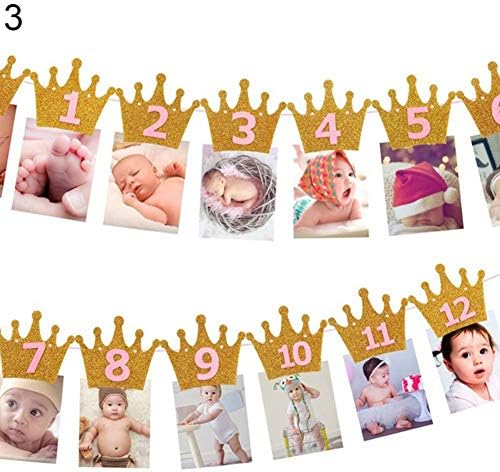 periwinkLuQ 1st Baby Birthday Party Glitter Crown Monthly Photo Banner 1-12 Months Garland - 3#