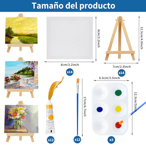 14 Mini Lienzos y Bastidores,Mini Lienzos y Caballetes con 14 Caballete,14 Pinceles, 3 Paletas de Arte y 12 Mini Pinturas Acrílicas, Juego de Caballete de Pintura, Ideal para Casa,Escuela(8×8 cm)