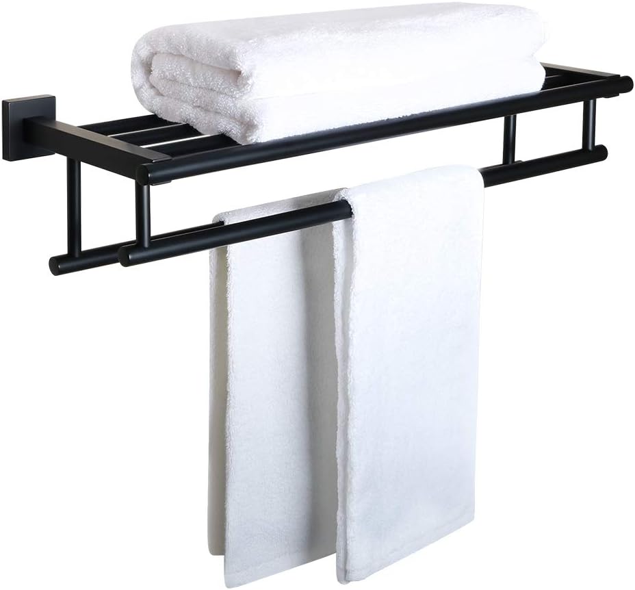 Sayayo 24-Inch Black Towel Rail Wall Mounted SUS304 Stainless Steel Towel Rack Shelves Towel Holder with Double Towel Bars for Bathroom EGZ8000-B