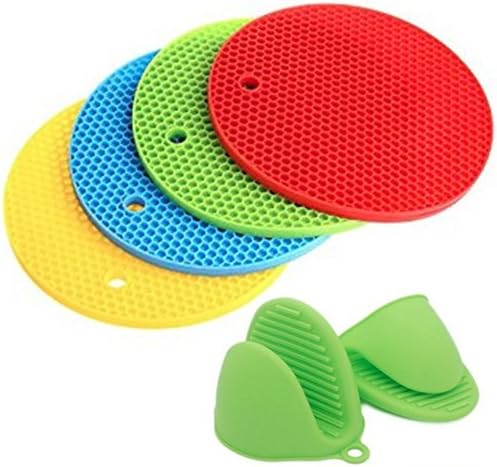 CLEARANCE! x4 Trivet Mats Heat Resistant Hot Pads + 1 Pair of Pot Holder Silicone Gloves Non-slip Mini Mitts For Hot Dishes, Pots And Plates