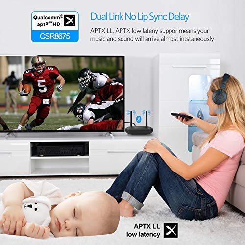 OOWOLF Bluetooth 5.0 Transmitter Receiver, 3-in-1 3.5mm Stereo Aux Adapter Low Latency with APTX HD APTX 2 Devices Simultaneously, for TV/Home Sound System, Pairs Two Headphones - Thumbnail 2