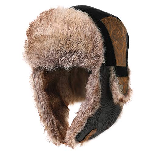 SIGGI Faux Fur Trapper Hat for Men Cotton Warm Russian Hunting Hat Black