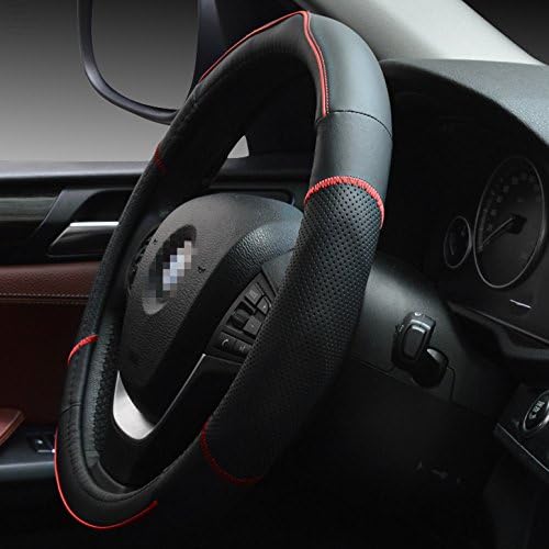 Top Leather Car Steering Wheel Cover Anti-slip Soft Breathable Automotive Interior Accessories Piercing 15 Inch Steering Wheel Wrap (Black/red line)