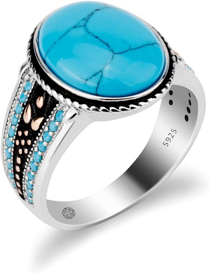 Vintage Blue Turquoise Rings for Men Women - 925 Sterling Silver Turquoise Wedding Jewelry Bands - Gothic Multi Small Blue Stones Engagement Ring (Size 7-12)