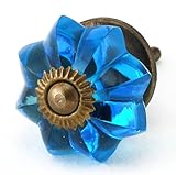 Marine Blue Glass Cabinet Knob Kitchen Drawer Pulls & Handles Set/2~ K69 Brilliant Marine Blue Glass Melon Knobs with Polished Antique Brass Hardware for Dresser, Kitchen Cabinets and Cupboards