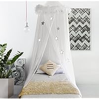 Bobo & Bee - Luxury Princess Bed Canopy Mosquito Net for Girls, Teens or Over Baby Crib in Nursery. Comes with Hanging Kit. Premium Feather Boa and Sparkly Stars, Twin Size. White