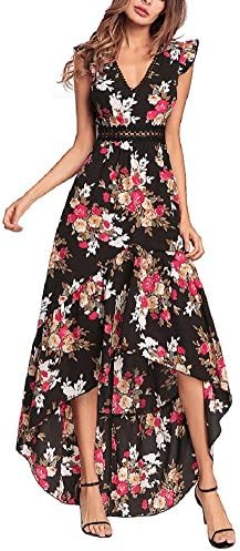 BILIKE Elegant Backless Floral Maxi Dress High Low Sexy Cocktail Party Dress
