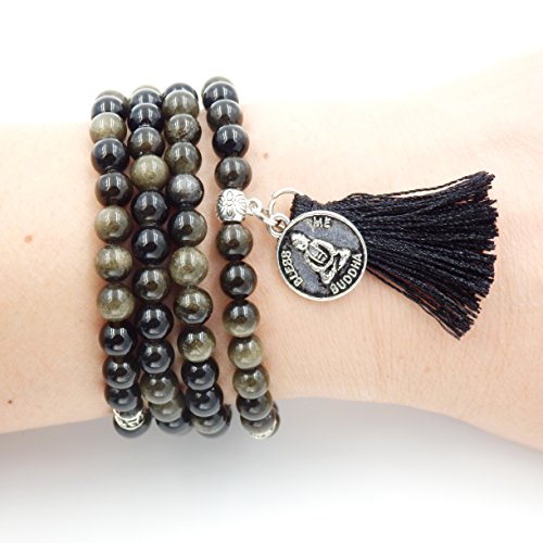 Mala Beads Bracelet, Buddhist Mala Prayer Beads, Buddha Bless Me Statement Necklace (Golden Obsidian)