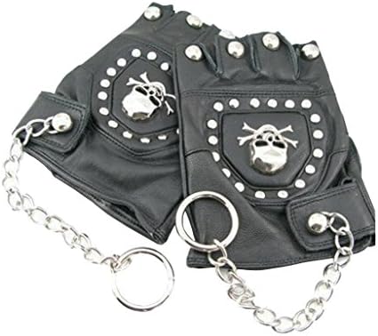 INRED Men's Faux Leather Studded Metal Skull Gothic Punk Style Gloves with Chain