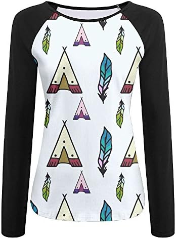 Tipi Pattern Women's Color Block Long Sleeve T-Shirts Crew-Neck Casual Slim Tops