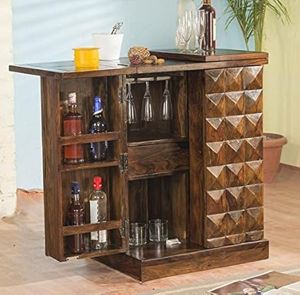 Shri Sai Decor Sheesham Wood Pre-Assemble Stylish Bar Cabinet/Rack with Wine Glass Storage (Natural Brown Finish)