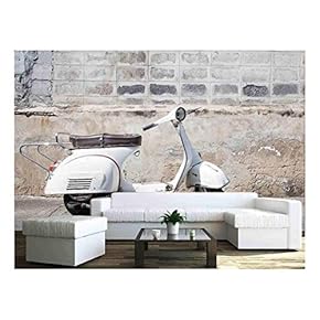 White Classic Vespa Scooter Stands Parked Near The Concrete Old Wall - Removable Wall Mural | Self-Adhesive Large Wallpaper - 66x96 inches