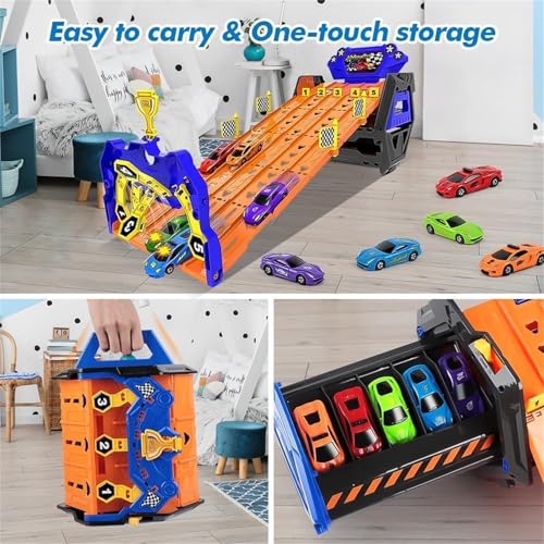 AM ANNA Toddler Toys for 3 4 5 6 Years Old Boys Birthday Gift, Portable Race Track Truck Toy Car with 5 Race Cars & 5 Tracks Transport, Best Gift Carrier Truck Vehicles Toys Set for Kids,Truck Car