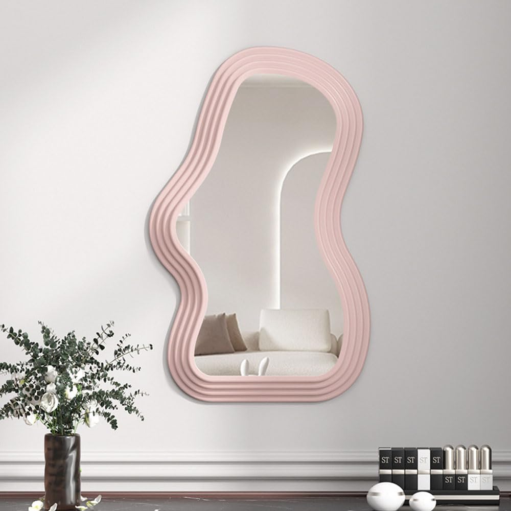 Hosoncovy Irregular Frame Wall Hanging Decorative Makeup Vanity Mirror - Wall Decoration for Bathroom, Living Room, Bedroom (Pink)