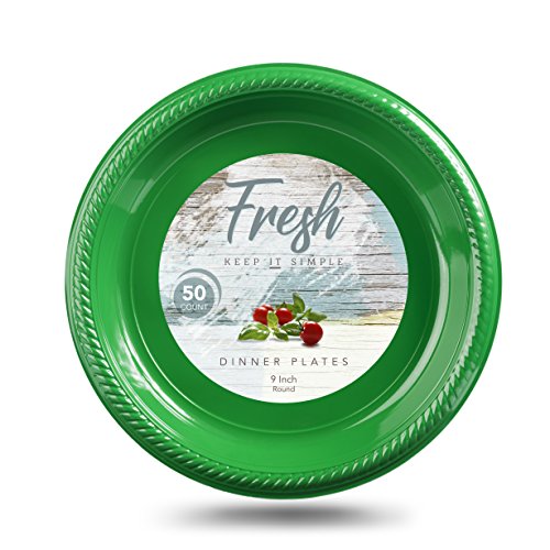 Disposable Dinner Plates by Fresh | 9-Inch Dinner Plate Set, Choose White, Red or Green, 50-Count | Fancy Plastic Plates, Premium Quality Disposable Tableware | Polystyrene, 100% Safe