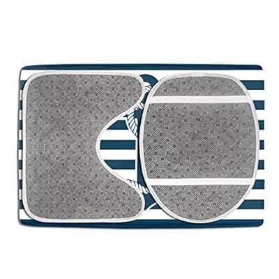 Nautical Bathroom Rug Set 3 Piece Navy Anchor Blue Stripe Background Non Slip Bath Carpet Mat U-Shaped Contour Mat… 51XmskcHlaL