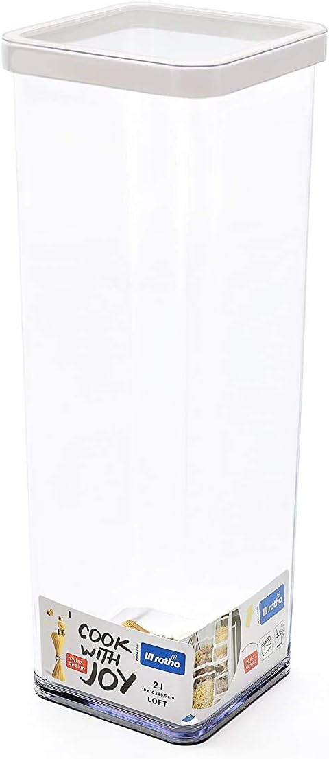 Rotho Loft quadratische Vorratsdose 2l mit Deckel und Dichtung, Kunststoff (SAN) BPA-frei, transparent/weiss, 2l (10,0 x 10,0 x 28,5 cm)