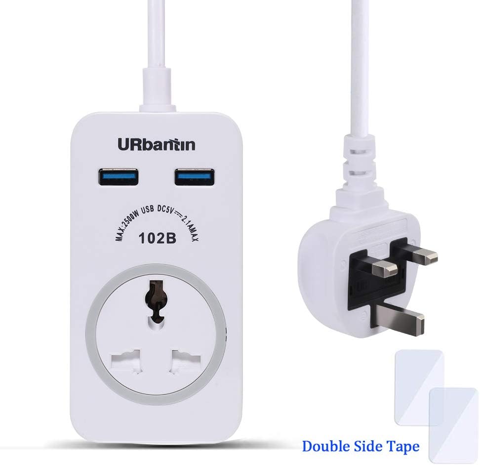 URbantin 1 Gang Single Socket Extension Lead with USB, 1 Way Power Strip with 2 USB Plug Charger, 1.8M Surge Protected Mains Power Cable Extension Cord (White)