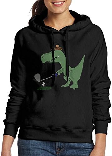 Grhoodie1 Dinosaur Playing Golf Women's Cotton Long Sleeve Pullover Hooded Sweatshirt Black Size M