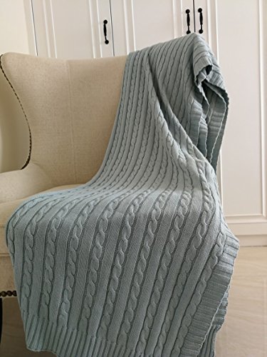 DOKOT Twist Cable Knitting Pattern 100% Cotton Sweater Knitted Throw Blanket All Season Couch, Sofa, Chair, Bed Cover (Blue)