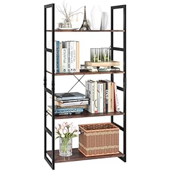 Homfa Bookshelf Rack 4 Tier Vintage Bookcase Shelf Storage Organizer Modern Wood Look Accent Metal Frame Furniture Home Office