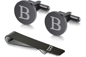 WIGERLON Initial Cufflinks and Tie Clip Set for Men,Stainless steel Letter Cuff Links and Tie Bar Set gift for Father Husband Son Boyfriend