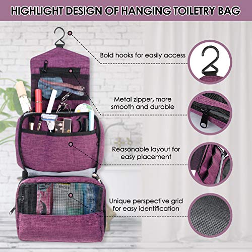 Hanging Toiletry Bag, Hizek Portable Travel Toiletry Bag Waterproof Large Capacity Cosmetic Organizer for Women with 4 Compartments & 1 Sturdy Hook,Perfect for Travel/Daily Use (Fuchsia)