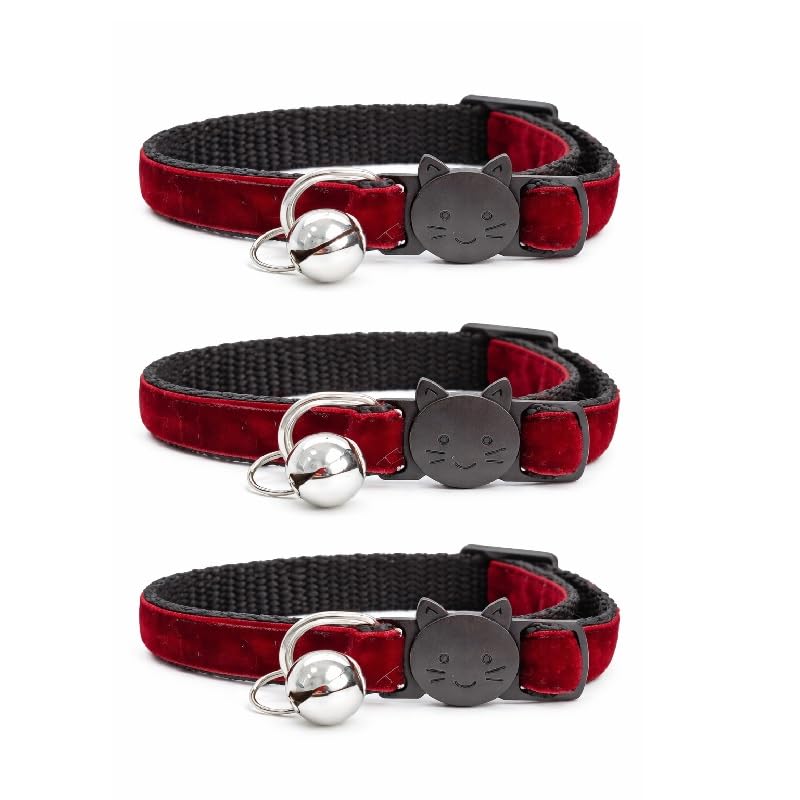Velvet Cat Collars with Bell. Safe Breakaway Quick Release Buckle. Available in Cat & Kitten Size (Pack of 3) (Cat Collar (20cm - 30cm), Maroon Red Velvet (Pack of 3))