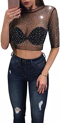 Womens Sexy Half Sleeve Sheer Gorgeous Rhinestone Crop Top See Through Shirt