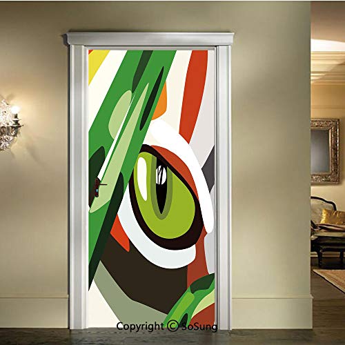 baihemiya 3D Door Wallpaper Stickers,Wild-Feline-Cat-Tiger-Eye-Behind-Bushes-Abstract-Nature-Dangerous-Predator-Vibrant-Art-Decorative,W30.3xL78.7inch,Suitable for Any Dry,Flat surfaceMulticolor