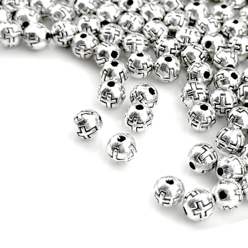 100pcs 6mm Silver Beads Engraved with Cross Catholic Religious Bead Accessories DIY Rosary Bracelet Necklace (6mm Round Rosary)