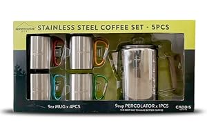 Alpine Mountain Gear 9-Cup Coffee Percolator Set with 4 Mugs (9 oz.) – Stainless Steel Camping Coffee Pot, Stovetop Percolator Coffee Maker for Home & Outdoor Use