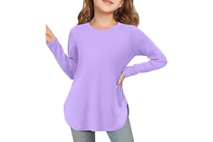 ZDC Girls Long Sleeve Shirts Kids Crewneck Soft Tunic Tops Curve Hem Side Slit T-Shirts 5-14 Years