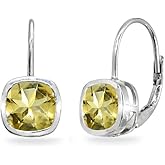 Sterling Silver Genuine or Synthetic Gemstone 6x6mm Cushion Bezel-Set Dainty Drop Leverback Earrings for Women