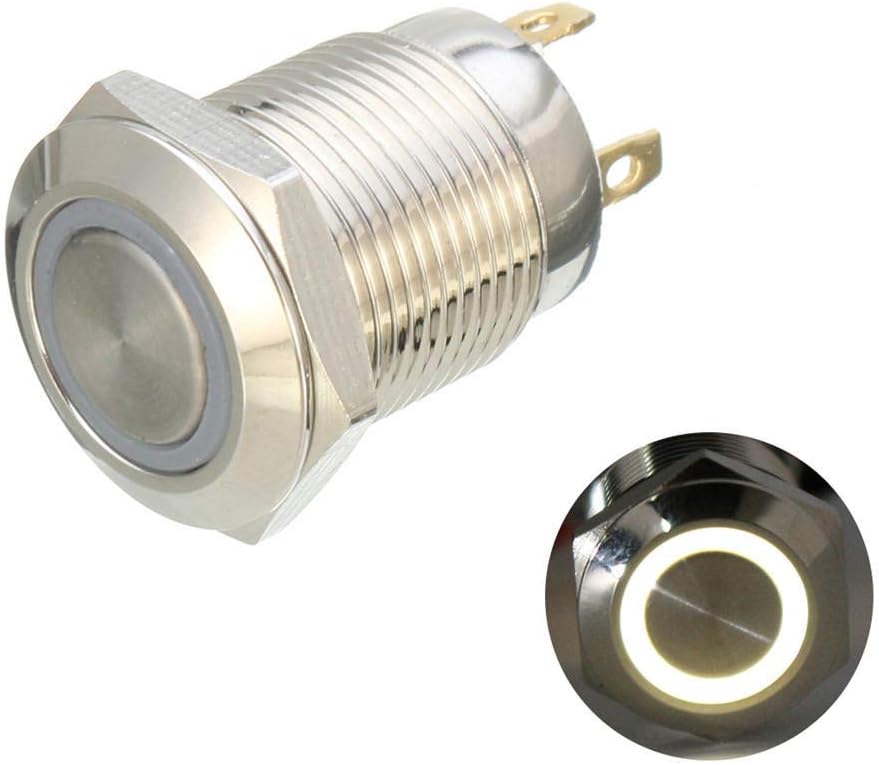 KingLan Dc 12V 12Mm 4 Pin Momentary Switch Led Light Metal Push Button Waterproof Switch- White